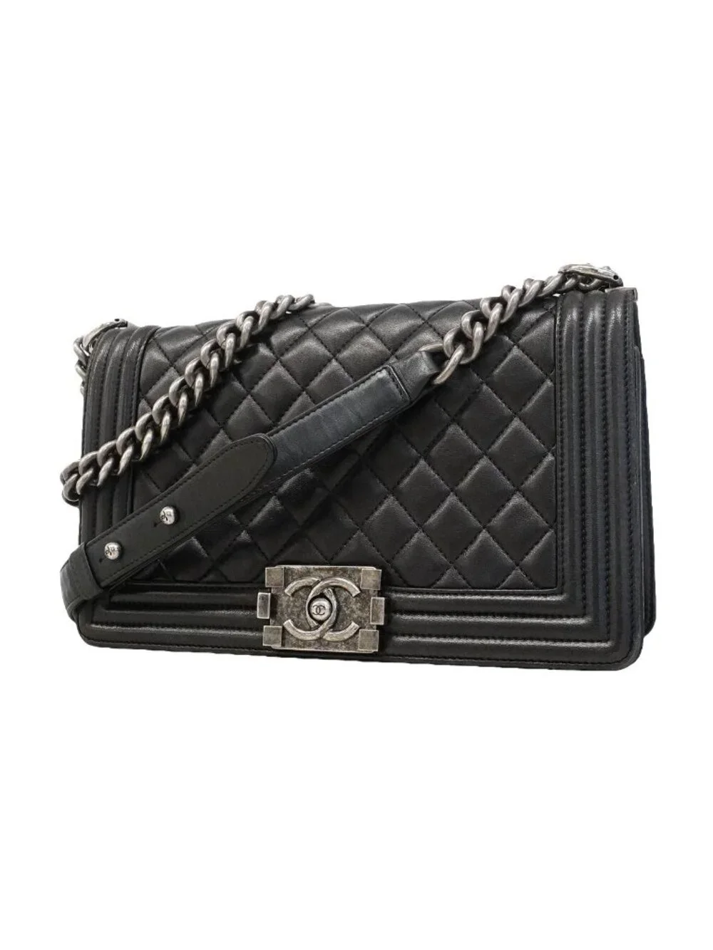 Chanel Shoulder Bag Boy Lambskin Black Silver